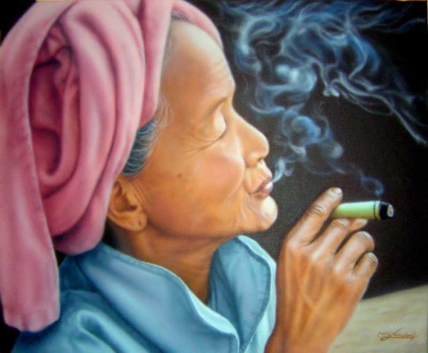 Portrait of a Thai woman on canvas.