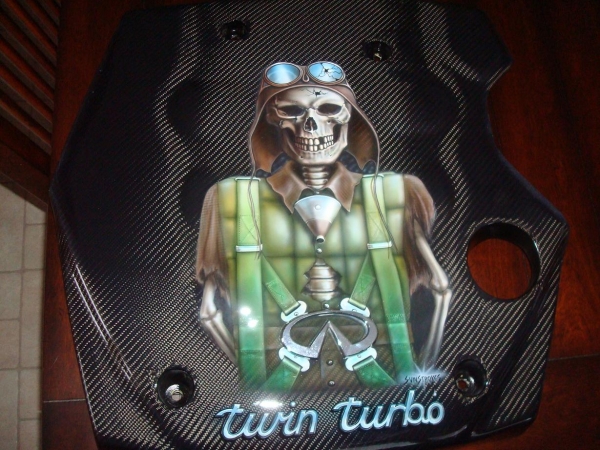 Carbon engine cover with airbrush