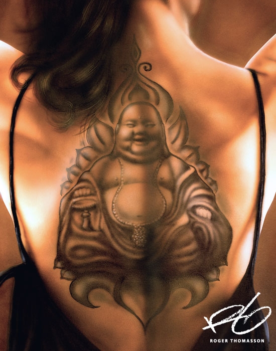"Buddah - backpiece"
Airbrush painting with acrylics on paper panel. 
Originalsize, approx: 50x70 cm.

2014 Roger Thomasson