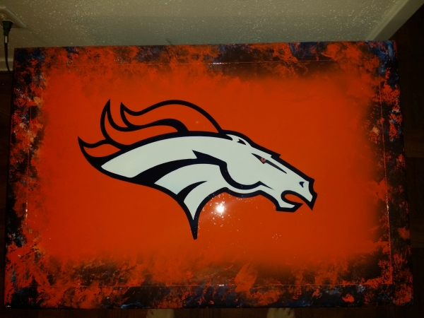 Airbrushed Denver Broncos coffee table for man cave.  By ZimmerDesignZ.com - My Designs