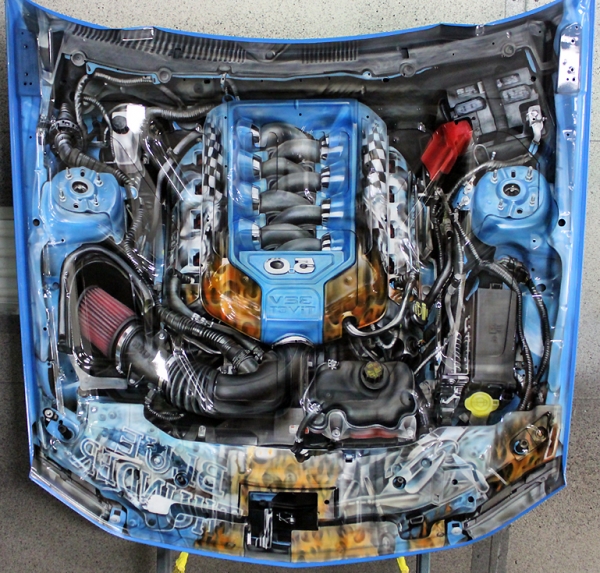 House of Kolor- underbelly of a 2012 Mustang GT.  The "entire" engine was reproduced in reverse for a mirror image effect.