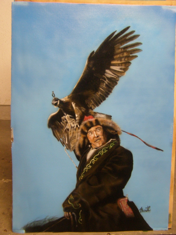 mongol falconer on canvas