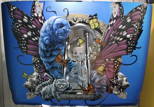 House of Kolor, 2015 Jeep Wrangler hood.  Alice in Wonderland theme. - Rides