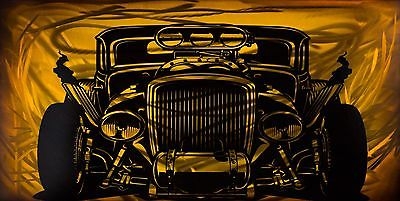 $75 Hot Rod Metal Art Airbrushed Pinstripe Panel Car - Yellow 16