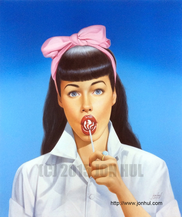"SWEET TREAT!" (C) 2015 Jon Hul 

Acrylic painting rendered with Liquitex Acrylic paint on illustration board. Model is Bettie Page. 