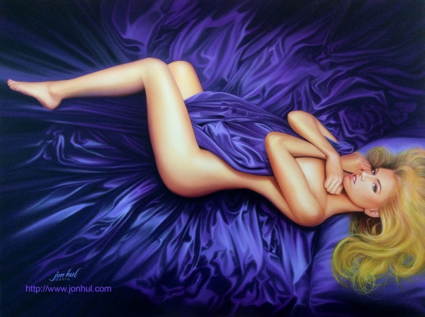 "UNDER THE SHEETS" (C) 2016 JON HUL 

An original acrylic painting rendered on a large canvas, in color. Using both airbrush and hand brush technique. (The model is Charlotte McKinney.)