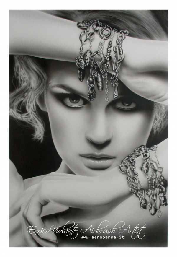 ragazza con pendagli, aerografia su cartoncino 40x60 - Airbrush Artwoks