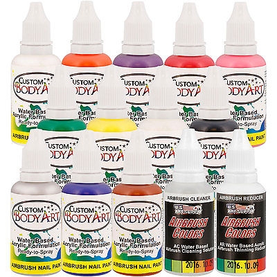 $24.95 12 - 1 oz - #Color Custom Body Art #Airbrush Paint and #Set Kit Fingernail Polish Stencil