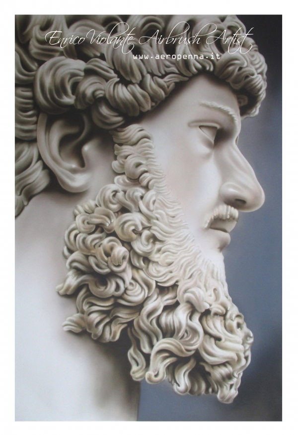 busto marmoreo di epoca romana, aerografia su cartoncino