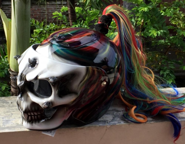 Cool! #Skull DOT Helmet Ponytail Rainbow Hair Custom Helmet Goro Style Airbrush &ndash; Custom Airbrush Helmet