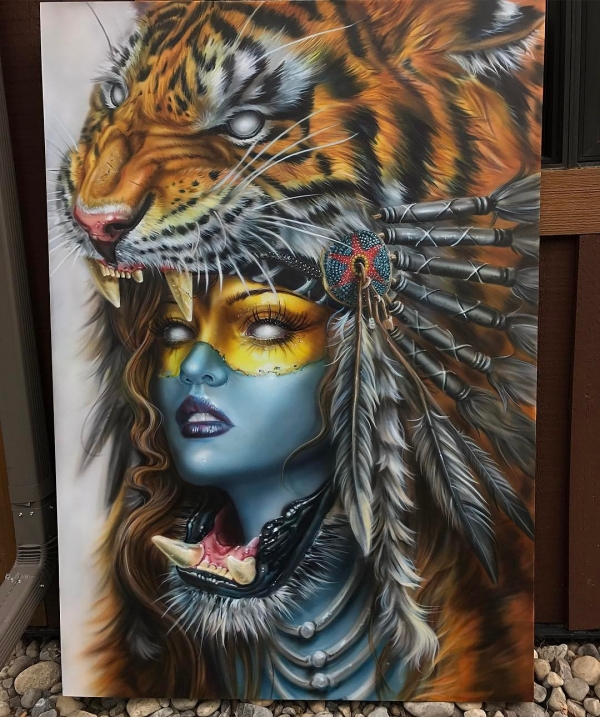 Derek Turcotte: Tiger headdress girl painting - 60x40