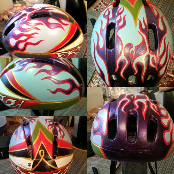 I hand-painted this cycling helmet 4 years ago, using acrylics 