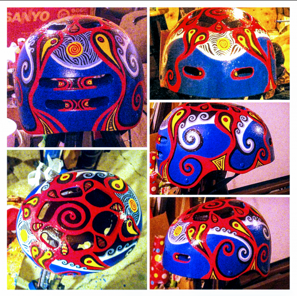 this skateboard helmet was hand-painted in acrylics, I donated it to Kids for Cancer  