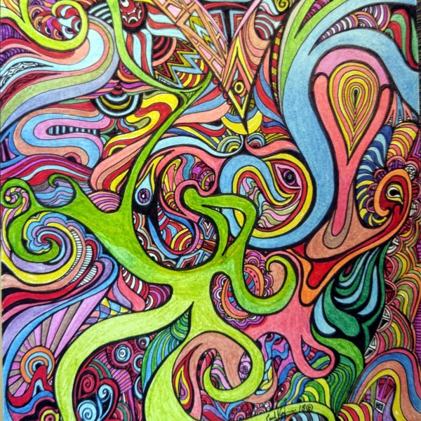 A mix of cosmic colors entangled in a psychedelic maze, done in pen and ink, and colored pens  