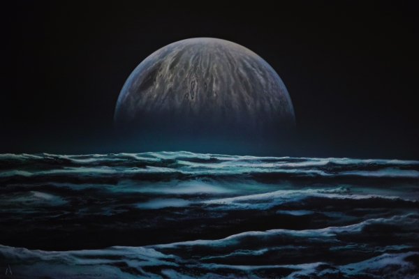 Painting Airbrush on cs10 canvas. Painted with a 1945 vintage abl Paashe turbo. Title JUPITER MOONS. Painted for the Astronomy Magazine USA. - Artworks
