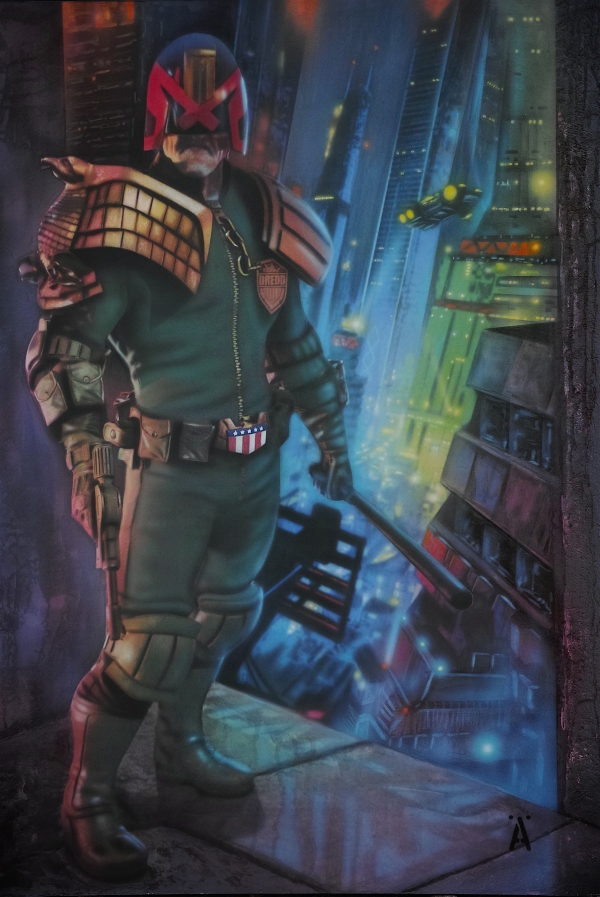 Painting Airbrush on cs10 canvas from the Artworks Factory London. Title REVENGE. Painted for a Judge Dredd collector. - Artworks