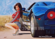 "REVVED-UP!" (C) 2010 Jon Hul This is my airbrush painting, rendered with acrylic paints on illustration board. The model is Denise Milani, and the car is a 2009 Fort-GT Custom. - Airbrush Artwoks