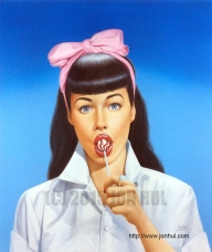 "SWEET TREAT!" (C) 2015 Jon Hul 

Acrylic painting rendered with Liquitex Acrylic paint on illustration board. Model is Bettie Page.  - Bettie Page Artwork by Jon Hul