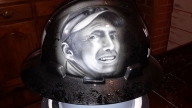 Portrait painted in memory of a Father lost. 
Custom airbrush painted hard hat designs - Zimmer DesignZ - Hard Hats