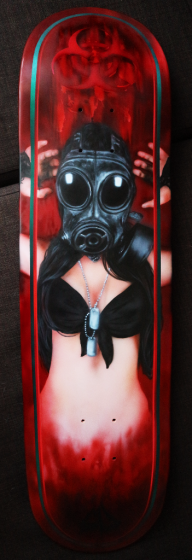 Girl with a gasmask on a skateboard deck airbrush. - Skateboards