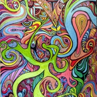 A mix of cosmic colors entangled in a psychedelic maze, done in pen and ink, and colored pens   - My Zenart Designs