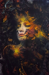 Airbrush Painting Acrylic paint and inks on wood. Title THE NEXUS, Painted for the Artworks gallery London. - Artworks